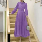 ZANZEA Elegant Chic Pleated Long Dresses Women's Fashion Turtleneck Lantern Sleeves Belted High Waist Maxi Dress Woman Clothes