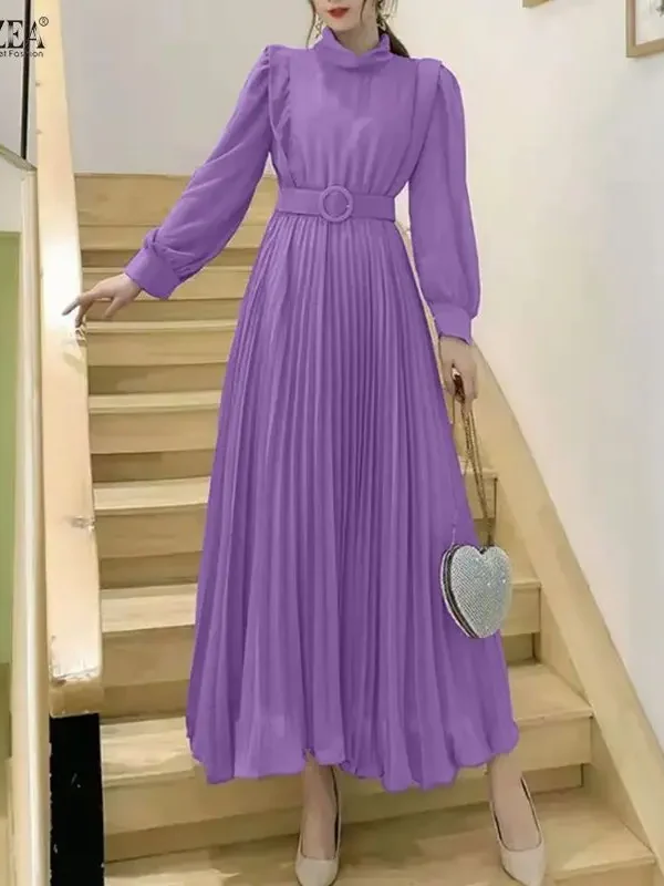 ZANZEA Elegant Chic Pleated Long Dresses Women's Fashion Turtleneck Lantern Sleeves Belted High Waist Maxi Dress Woman Clothes